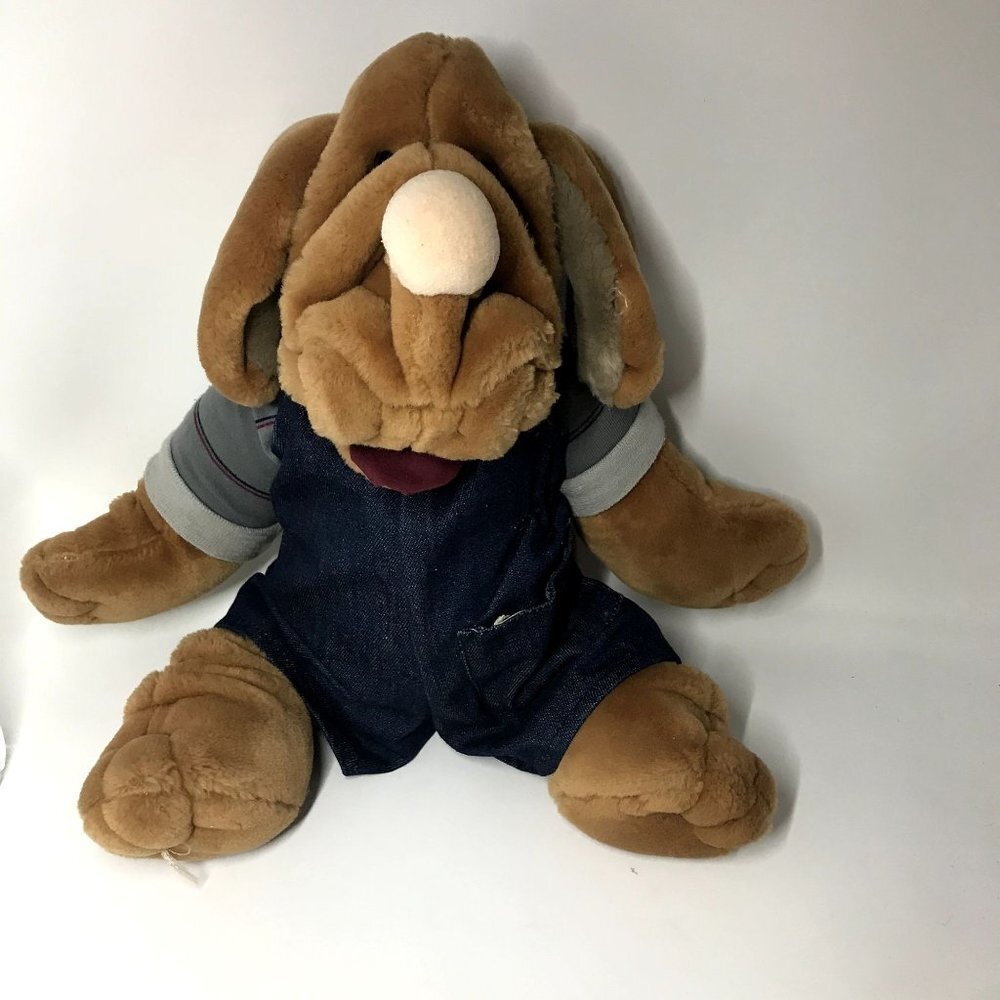VTG Ganz Wrinkles the Dog Hand Puppet Denim Overalls Outfit Plush Stuffed Animal